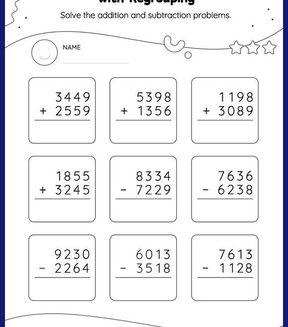 Add And Subtract 4 Digit And 3 Digit Numbers With Regrouping Vertical