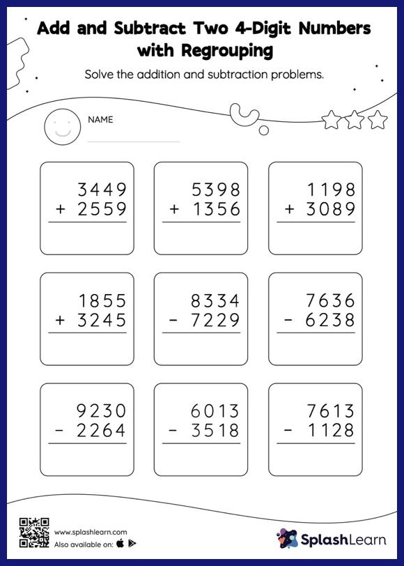 Add And Subtract 4 Digit And 3 Digit Numbers With Regrouping Vertical 