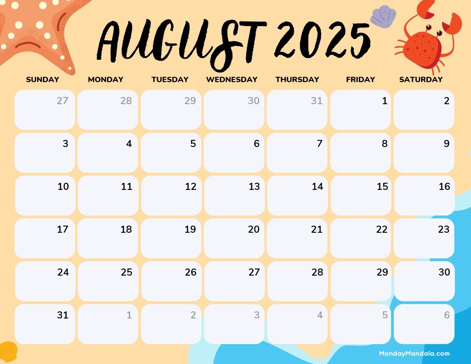 Blank Printable Calendar August 2025