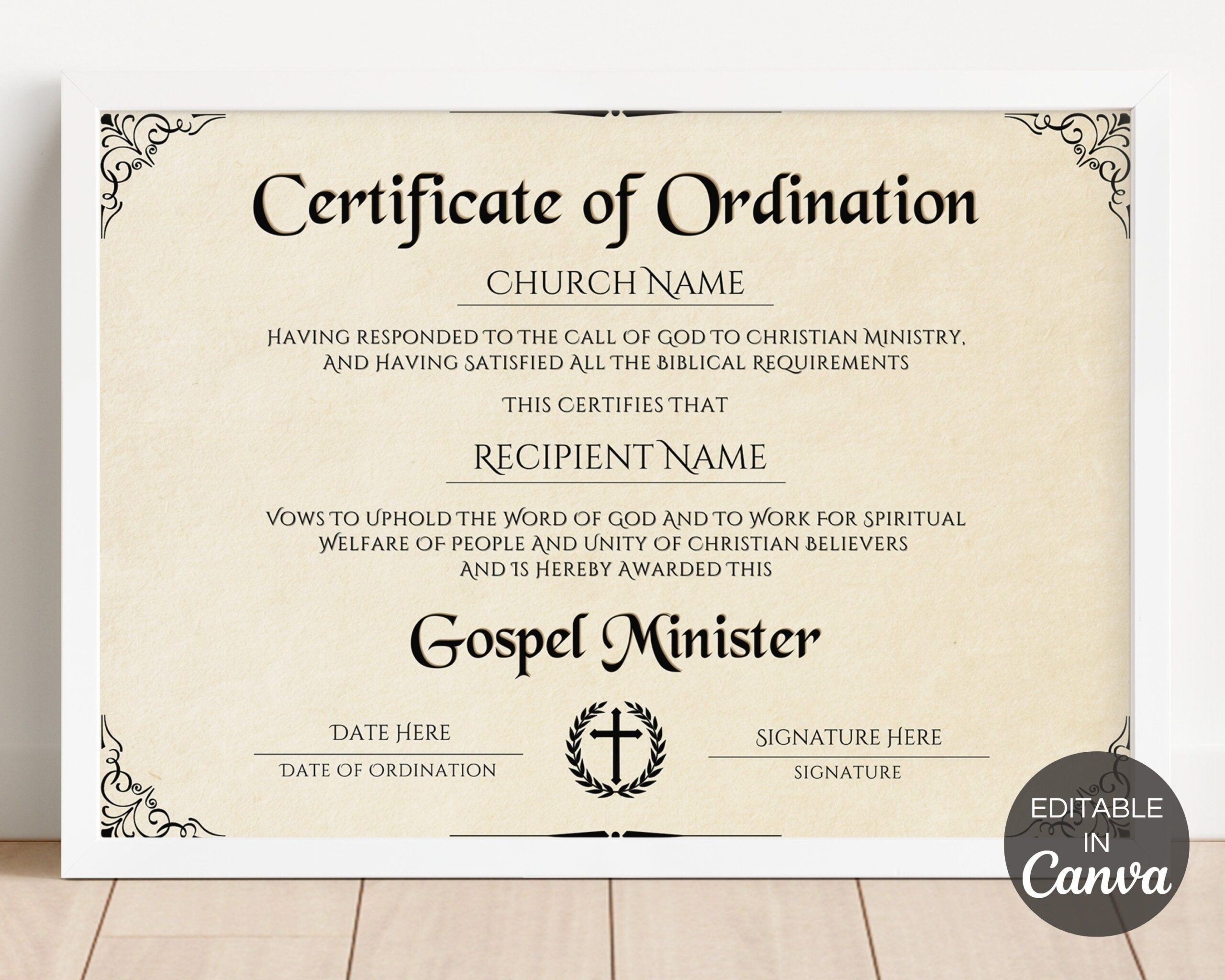 Certificate Of Ordination Template Ordained Minister Editable 