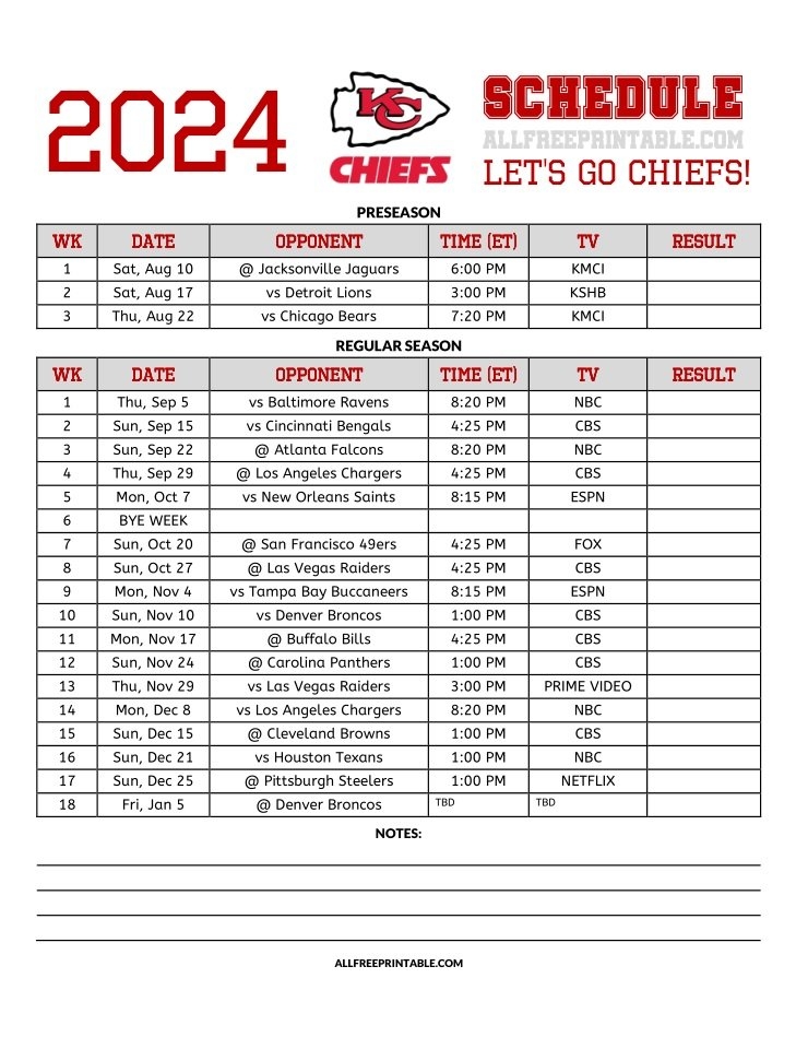 Kansas City Chiefs Schedule 2025 Printable