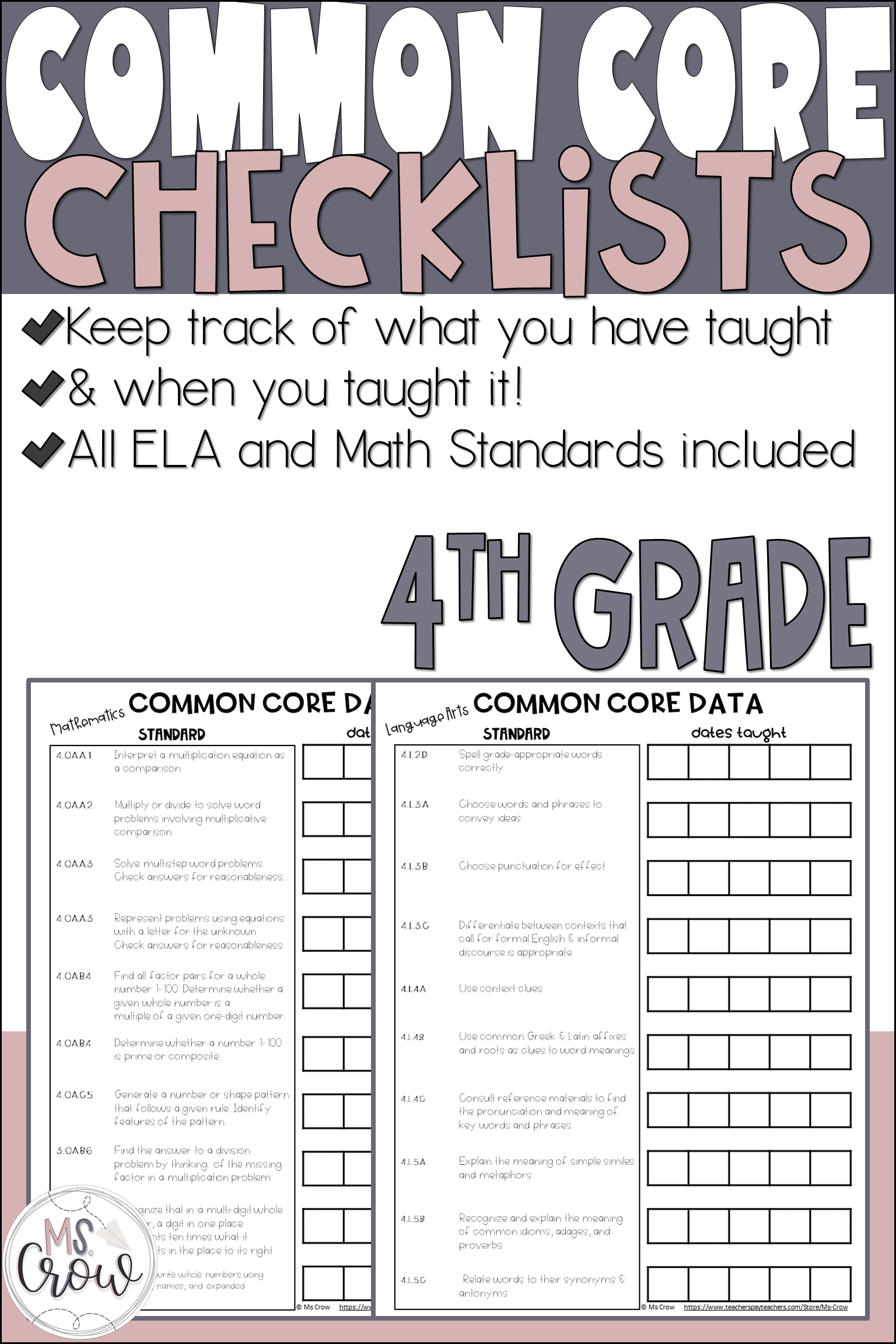 Common Core Standards Checklists 4th Grade Common Core Standards 