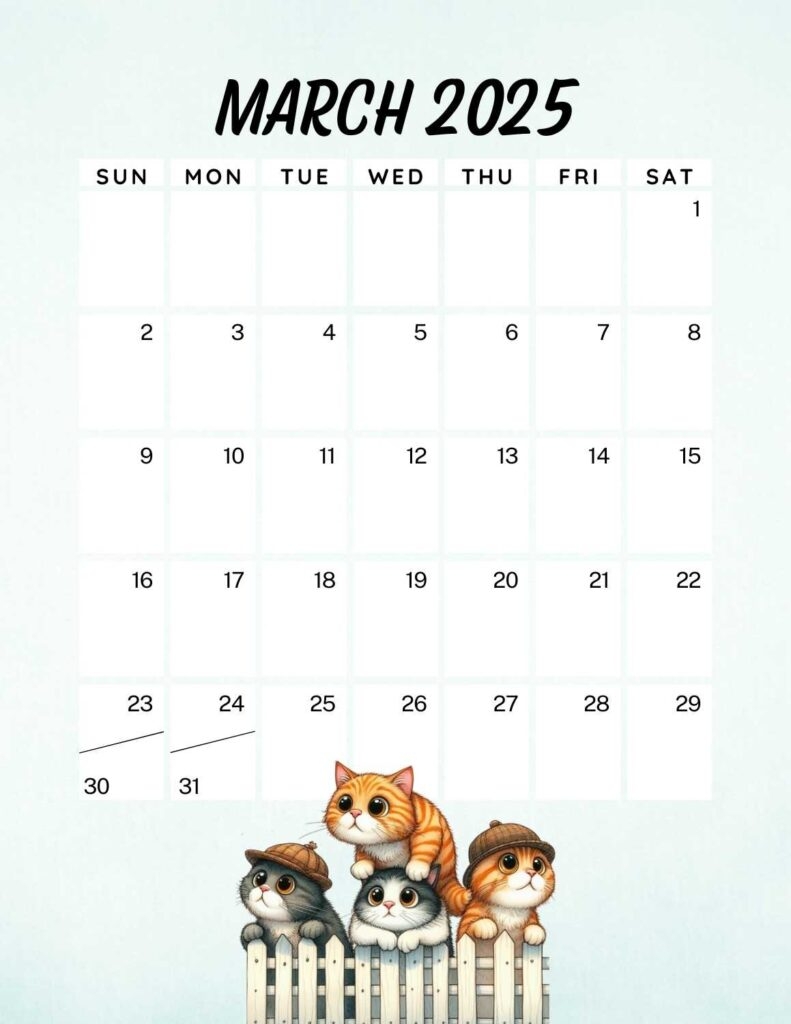 Cute Cats Calendar 2025 Free Kids Printables