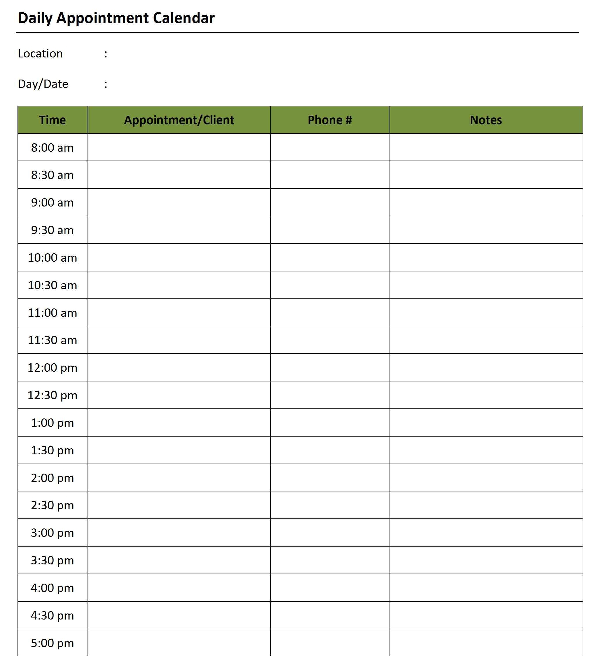 Daily Appointment Template Printable