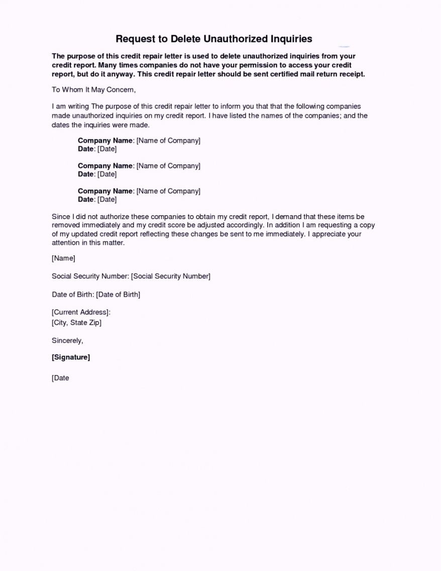 Dispute Credit Inquiry Removal Letter Template Hard Inquiry