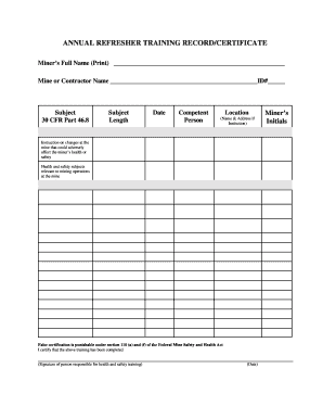 DoL Annual Refresher Training Record Certificate Fill And Sign