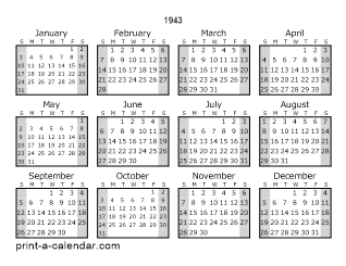 Download 1943 Printable Calendars