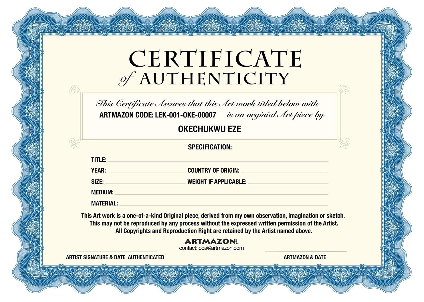 Downloadable Free Printable Certificate Of Authenticity Template 