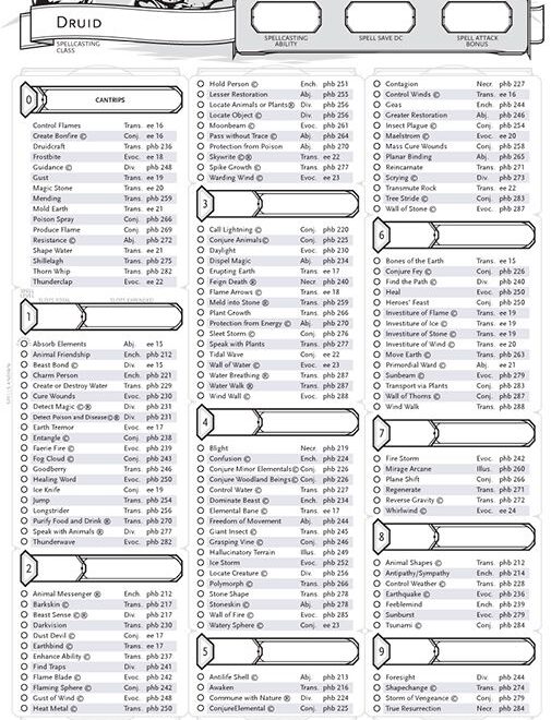 Druid Spell Sheet By John Bard Printable Dungeon Masters Guild
