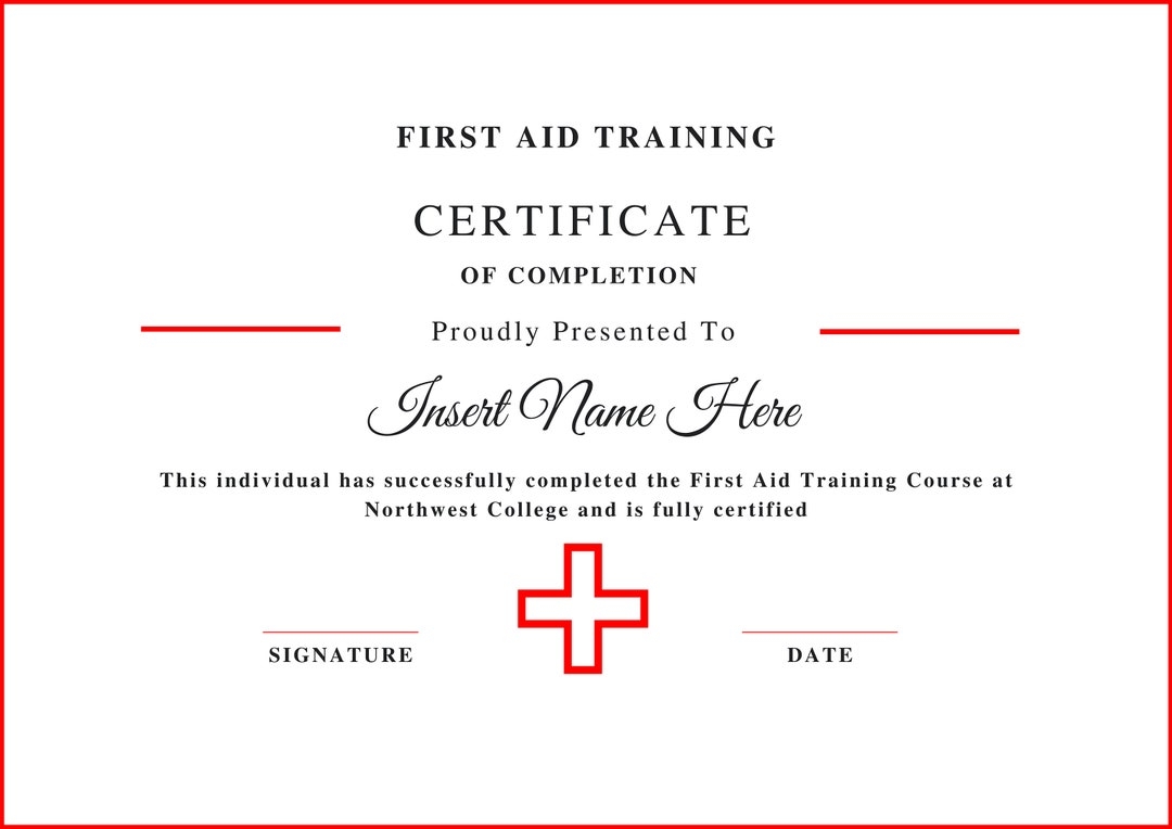 Editable Certificate Of Completion First Aid Training Certificate 