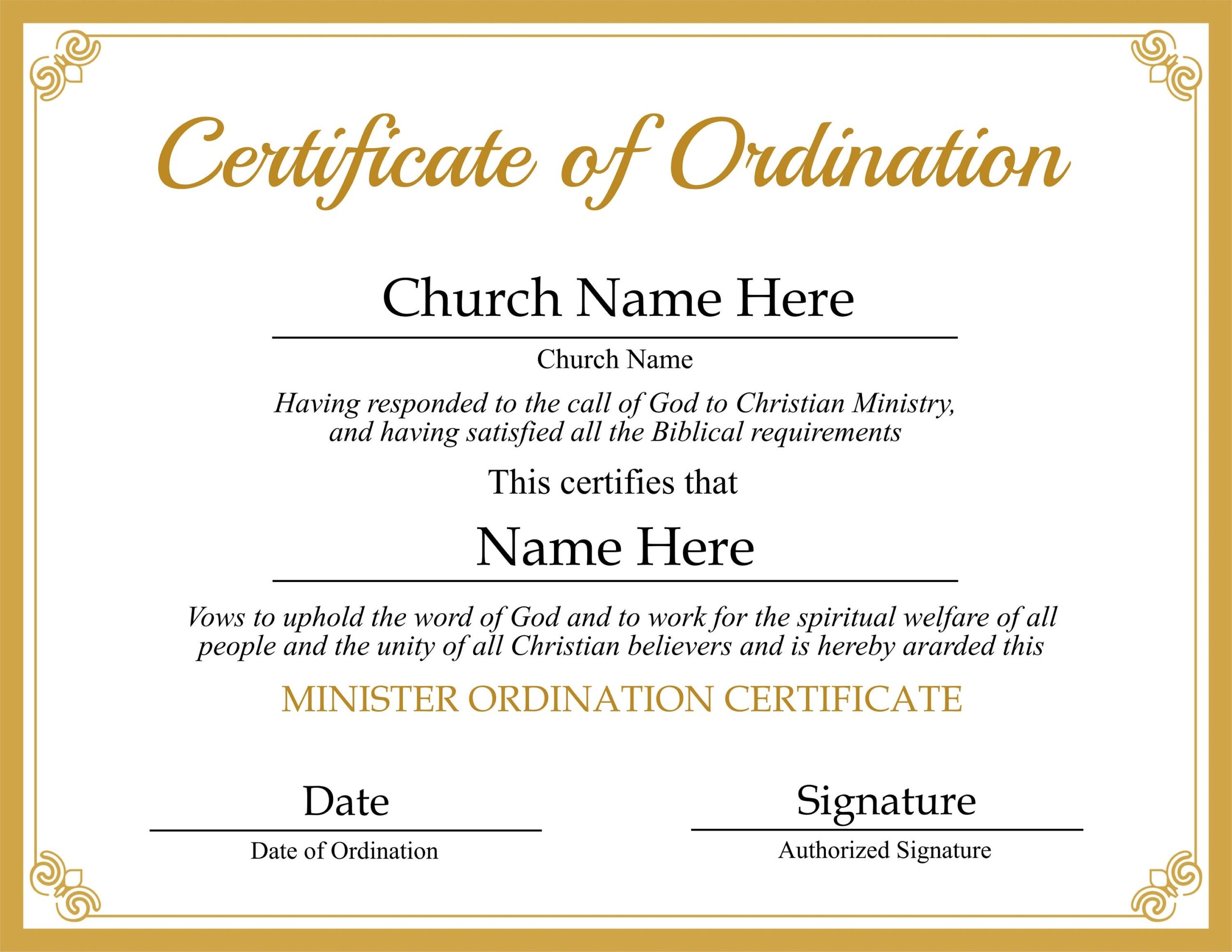 Editable Ordained Minister Certificate Template Printable Certificate 