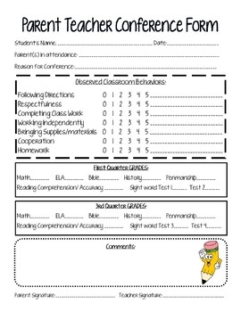 Elementary Parent Teacher Conference Form EDITABLE By Robin Stewart
