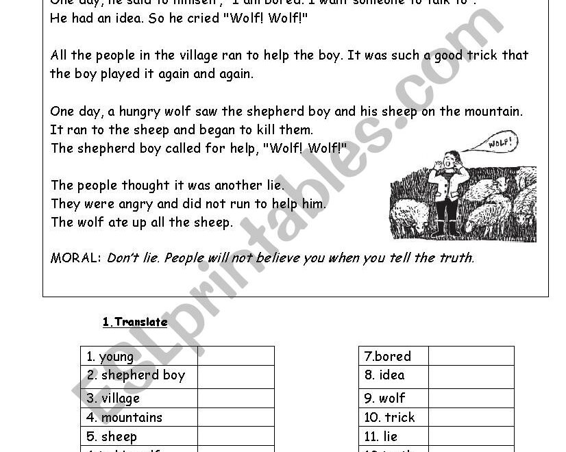 English Worksheets The Boy Who Cried Wolf