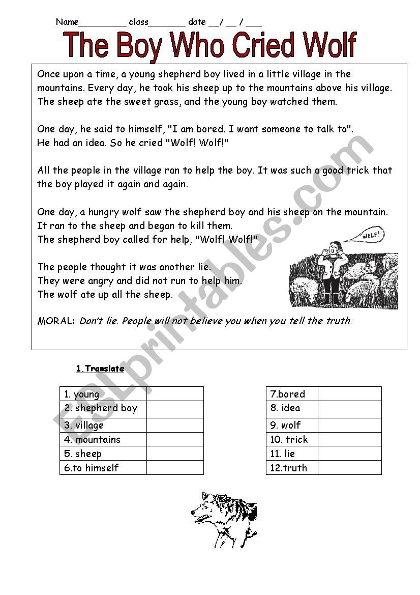 English Worksheets The Boy Who Cried Wolf
