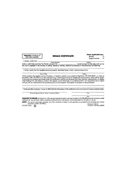 Fillable Form 51a105 Resale Certificate State Of Kentucky Printable 