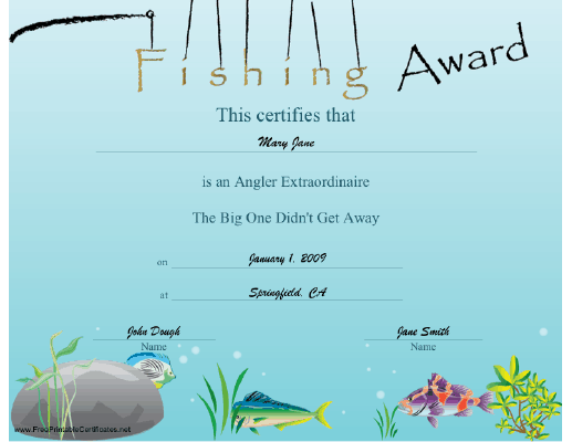 Fishing Award Certificate Printable Certificate Printable 