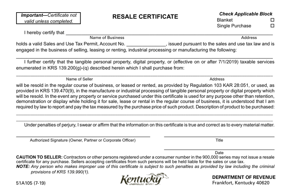 Form 51A105 Download Printable PDF Or Fill Online Resale Certificate 