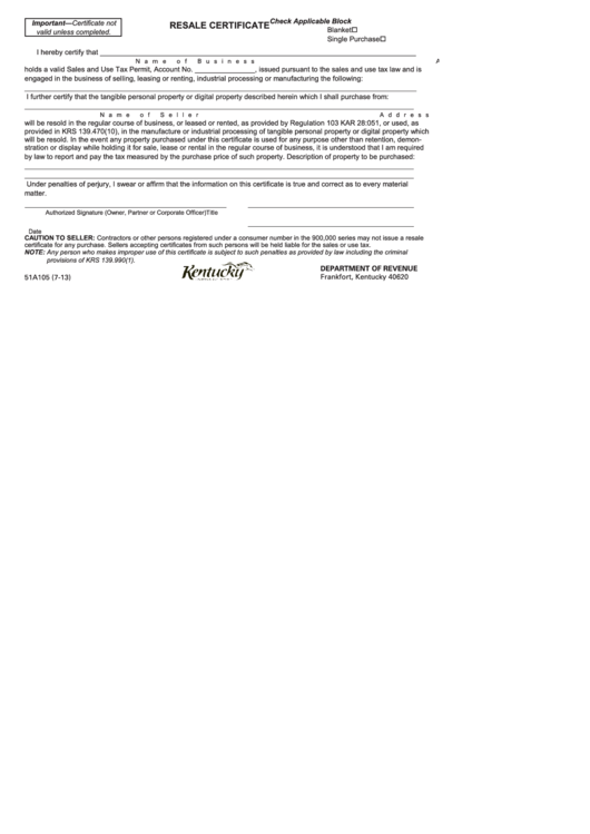 Form 51a105 Kentucky Department Of Revenue Resale Certificate 
