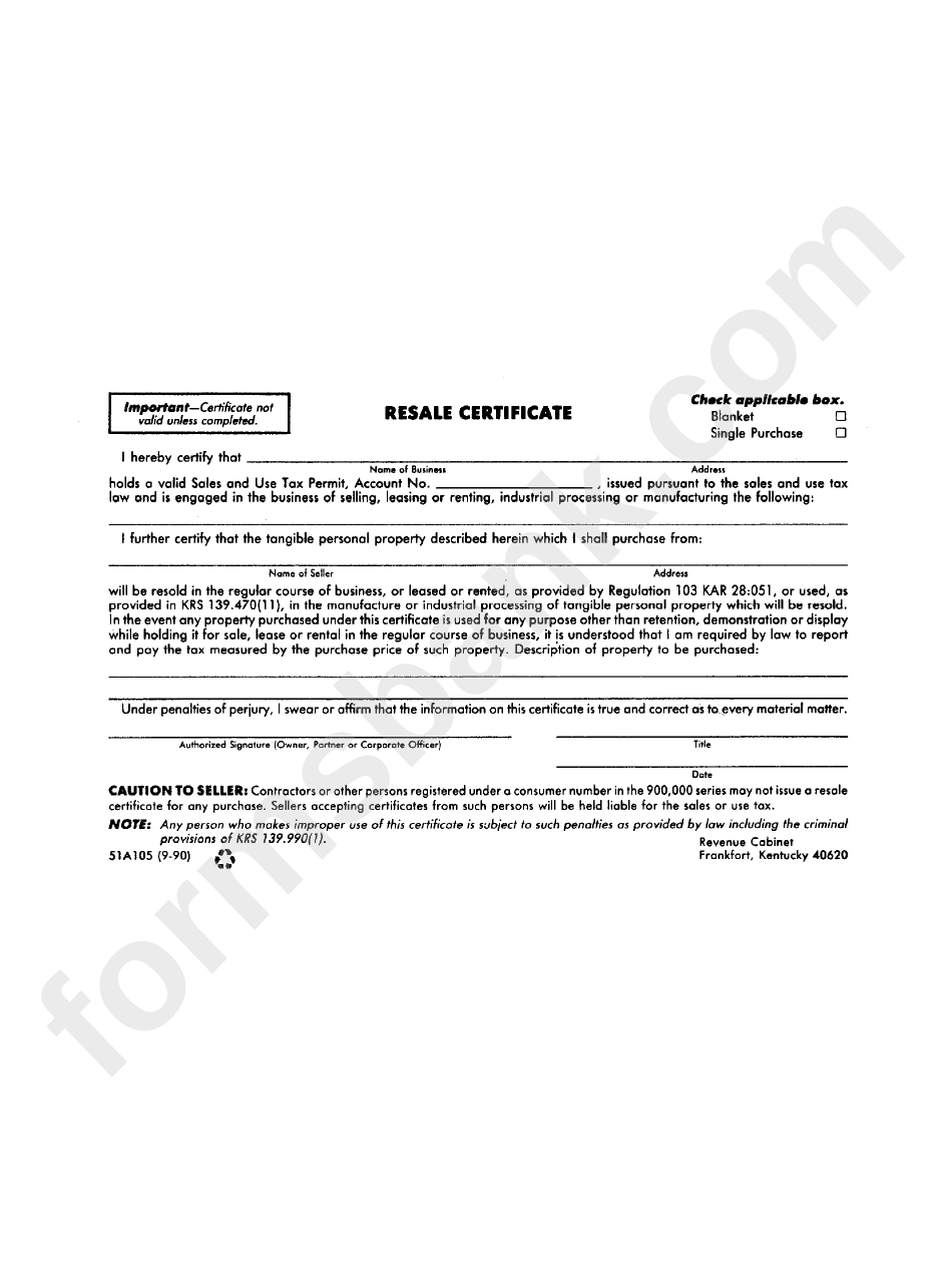 Form 51a105 Resale Certificate Kentucky Printable Pdf Download