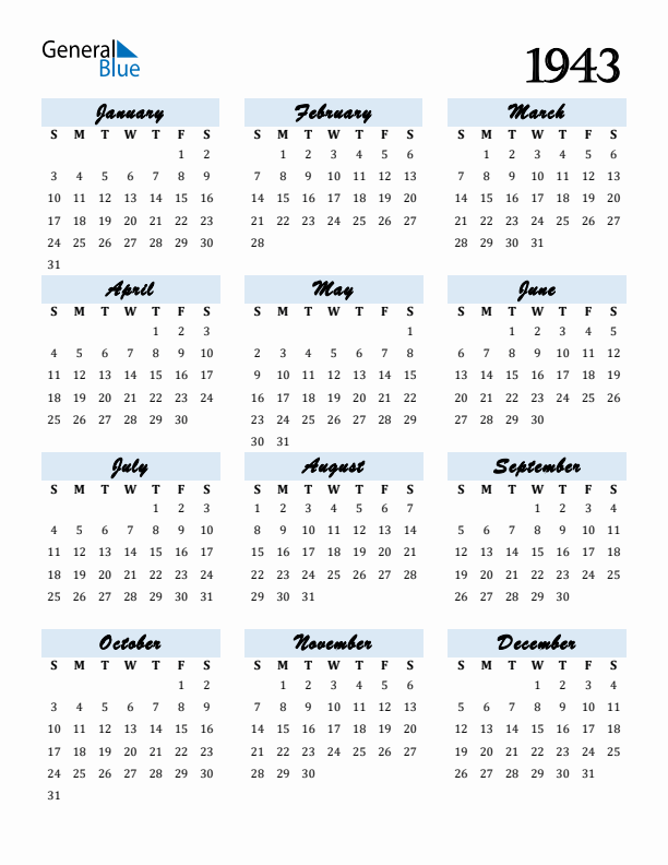 Free Printable Calendar For 1943