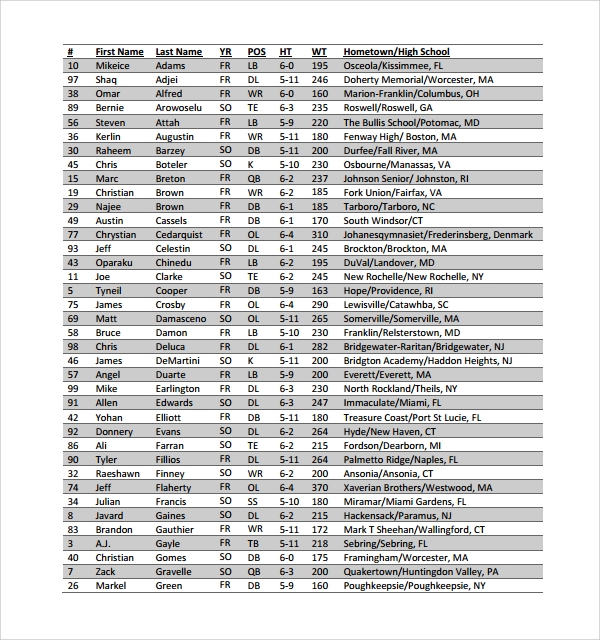 FREE 9 Sample Football Roster Templates In MS Word PDF