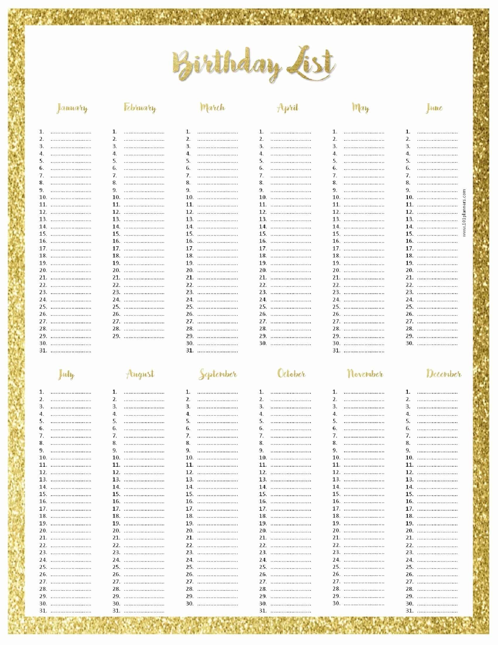Free Birthday List Template Customize Then Print