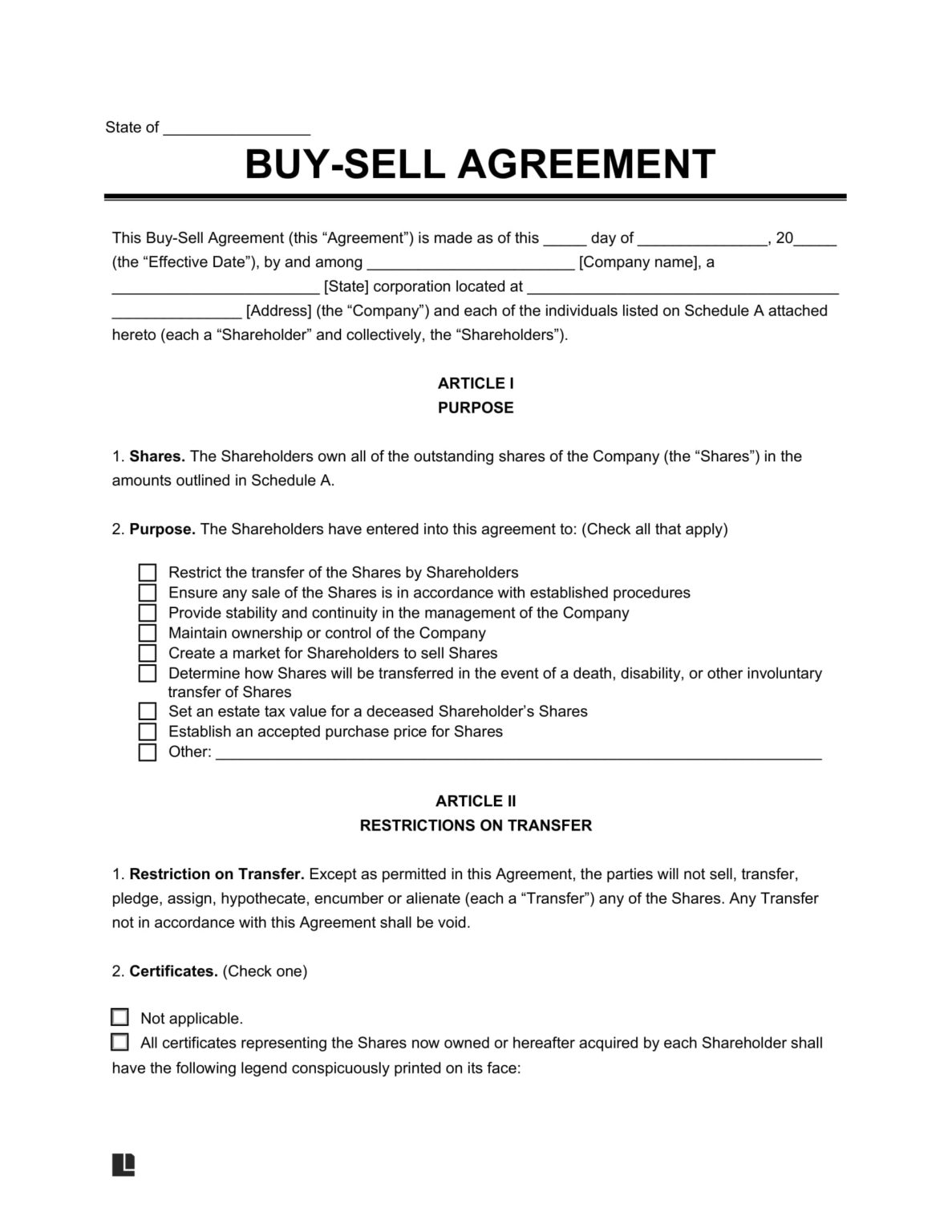 Printable Blank Buy Sell Agreement Michigan