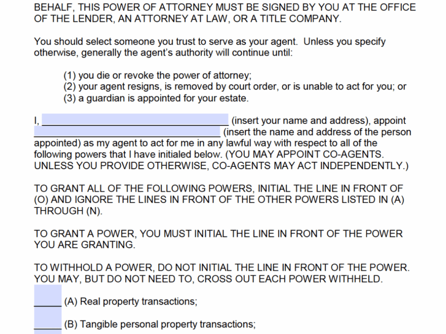 Free Durable Power Of Attorney Form Texas