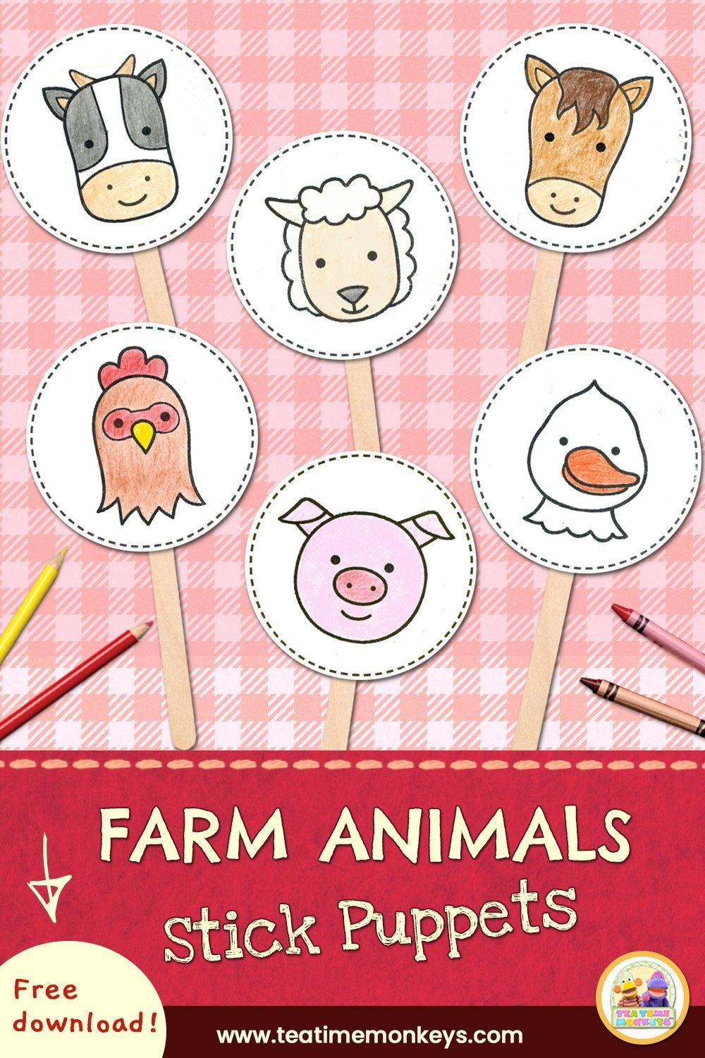 Free Farm Animals Printable Stick Puppets Tea Time Monkeys Farm 