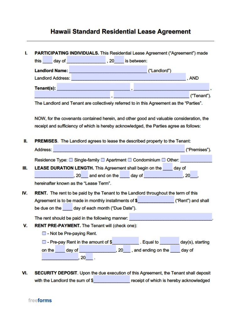 Free Hawaii Standard Residential Lease Agreement Template PDF WORD