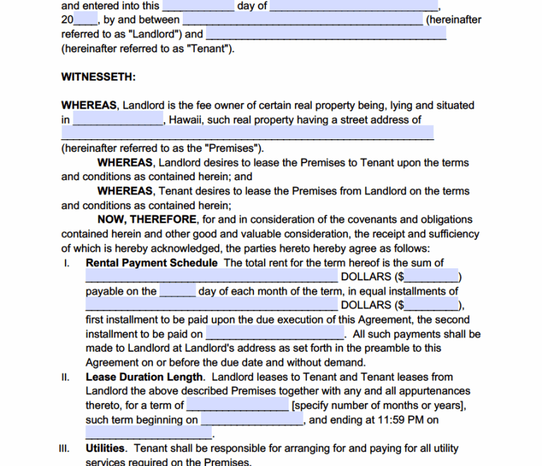 Free Hawaii Standard Residential Lease Agreement Template PDF WORD