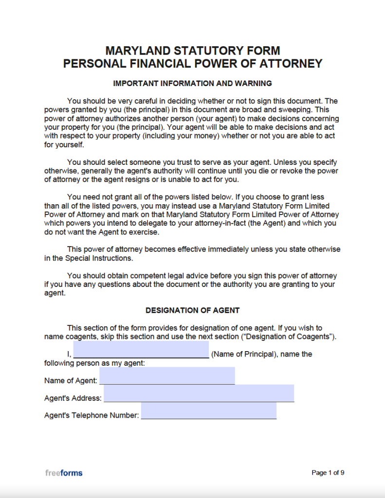 Free Maryland Power Of Attorney Forms PDF WORD