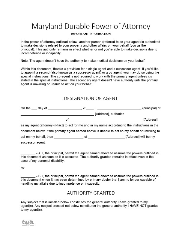 Maryland Power Of Attorney Form Free Printable