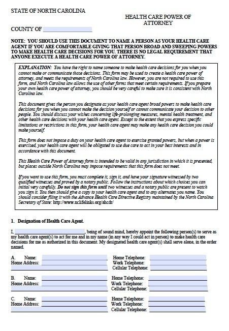 Free Medical Power Of Attorney Form North Carolina