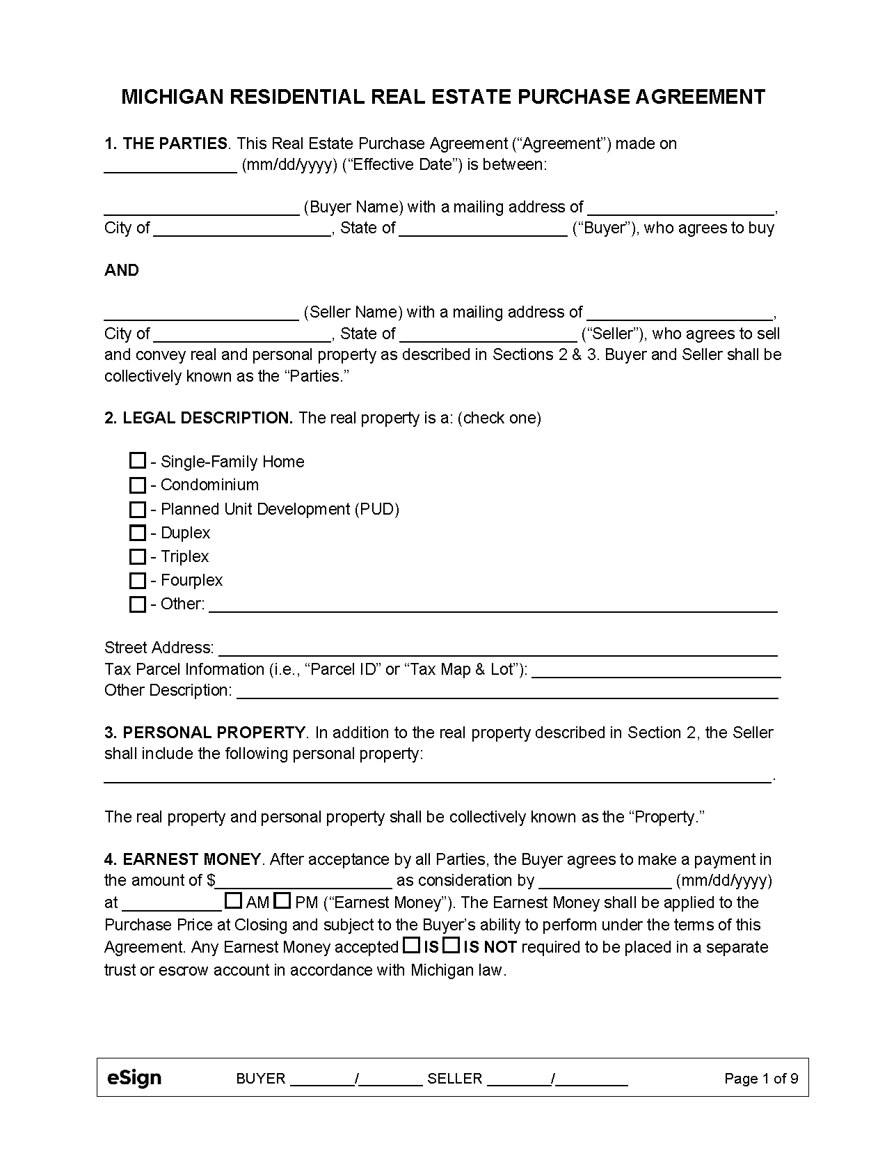 Free Michigan Residential Purchase And Sale Agreement PDF Word