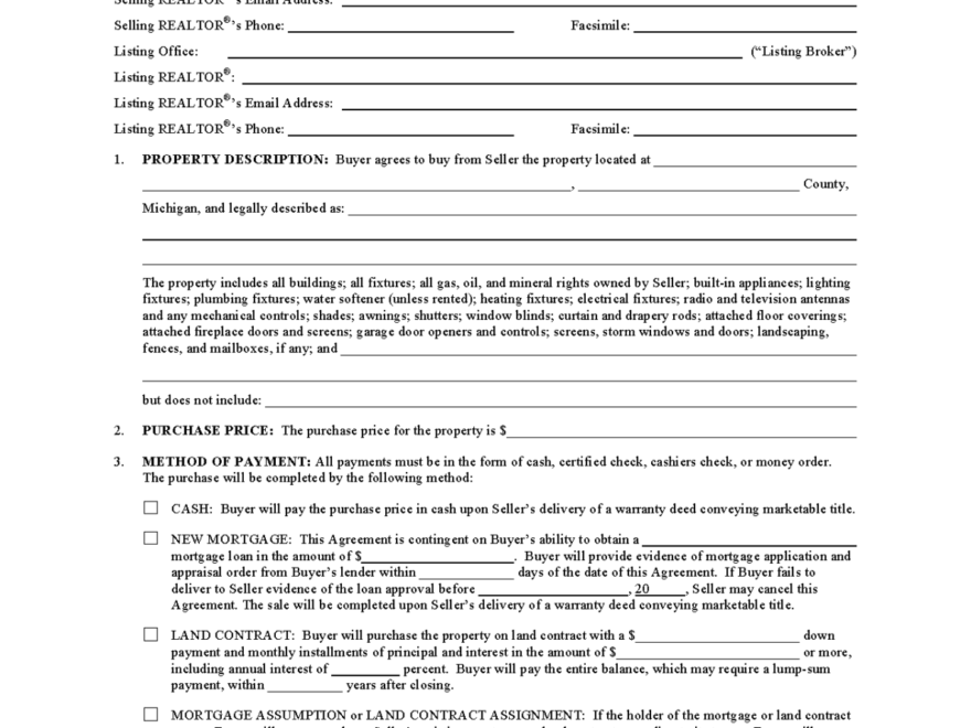 Free Michigan Residential Purchase And Sale Agreement PDF Word