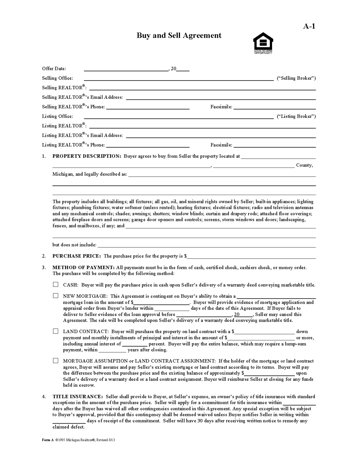 Free Michigan Residential Purchase And Sale Agreement PDF Word