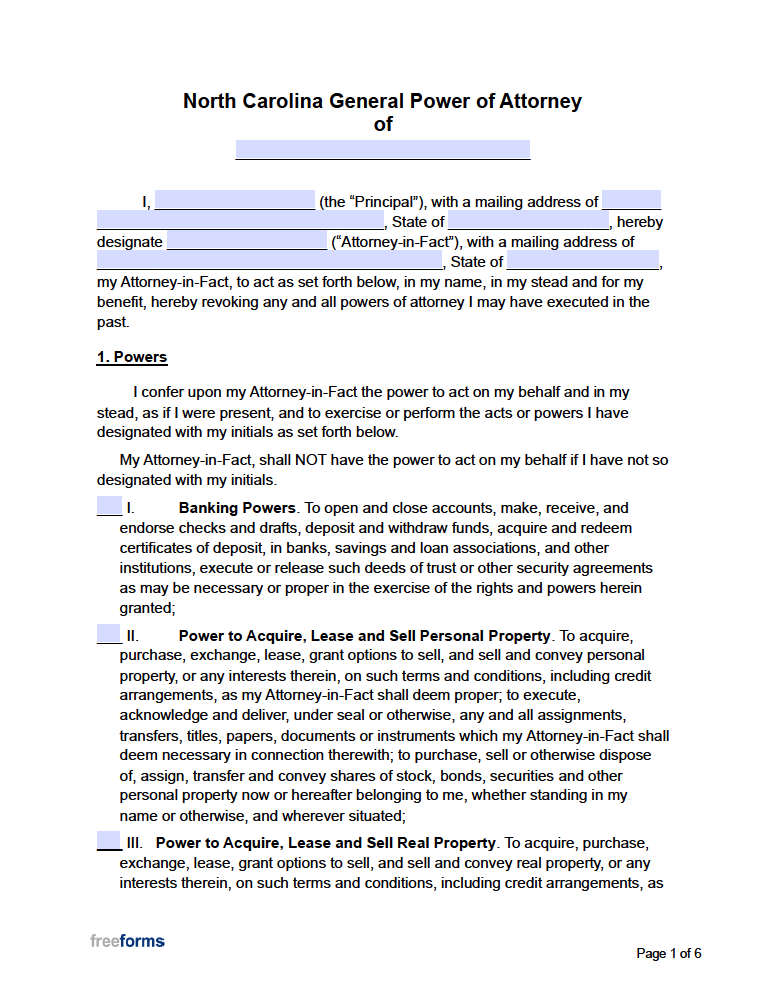Free North Carolina General Financial Power Of Attorney Form PDF WORD