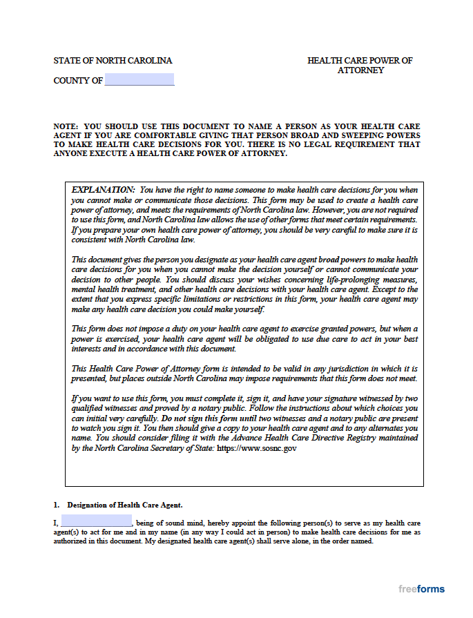 Free North Carolina Medical Power Of Attorney Form PDF