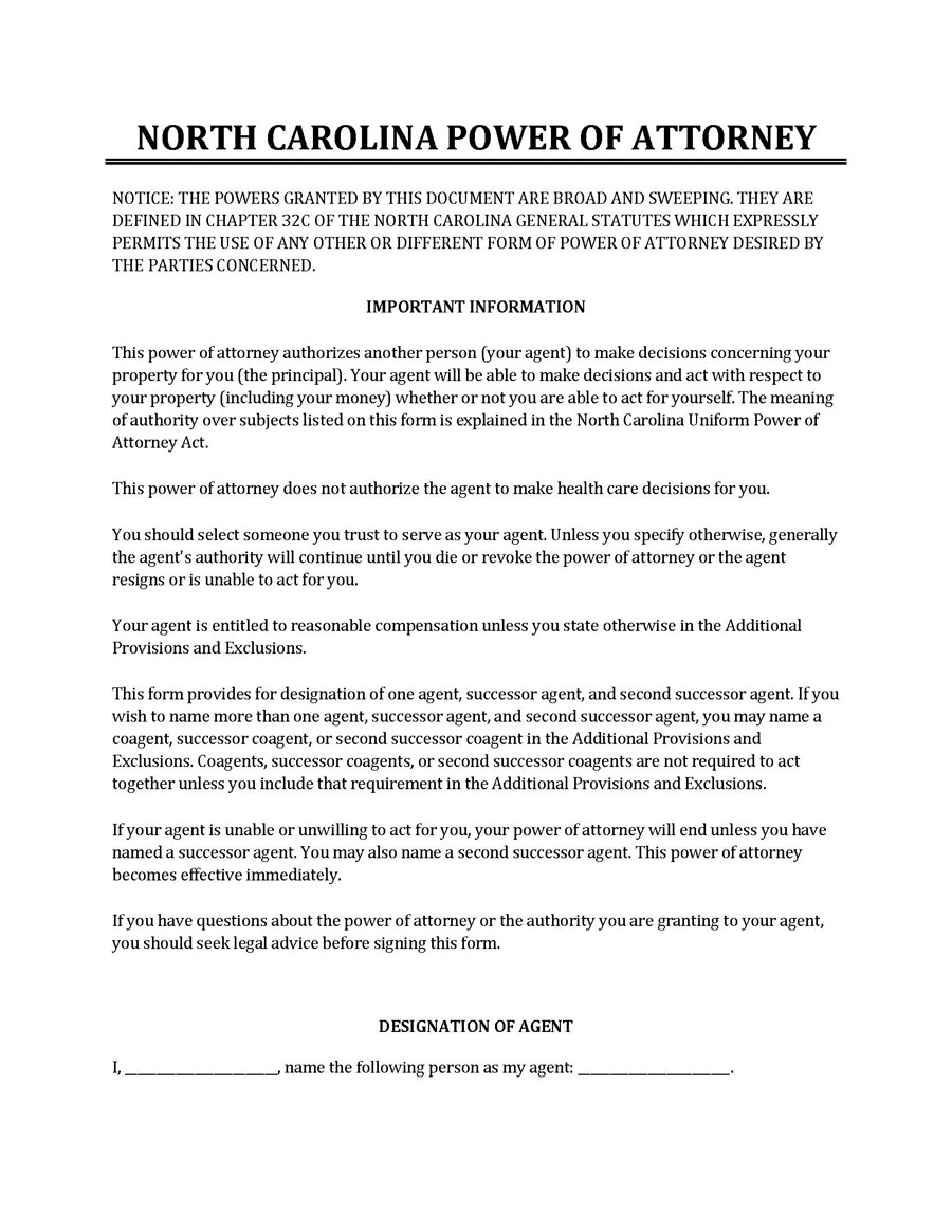 Free North Carolina Power Of Attorney Forms 9 Types 