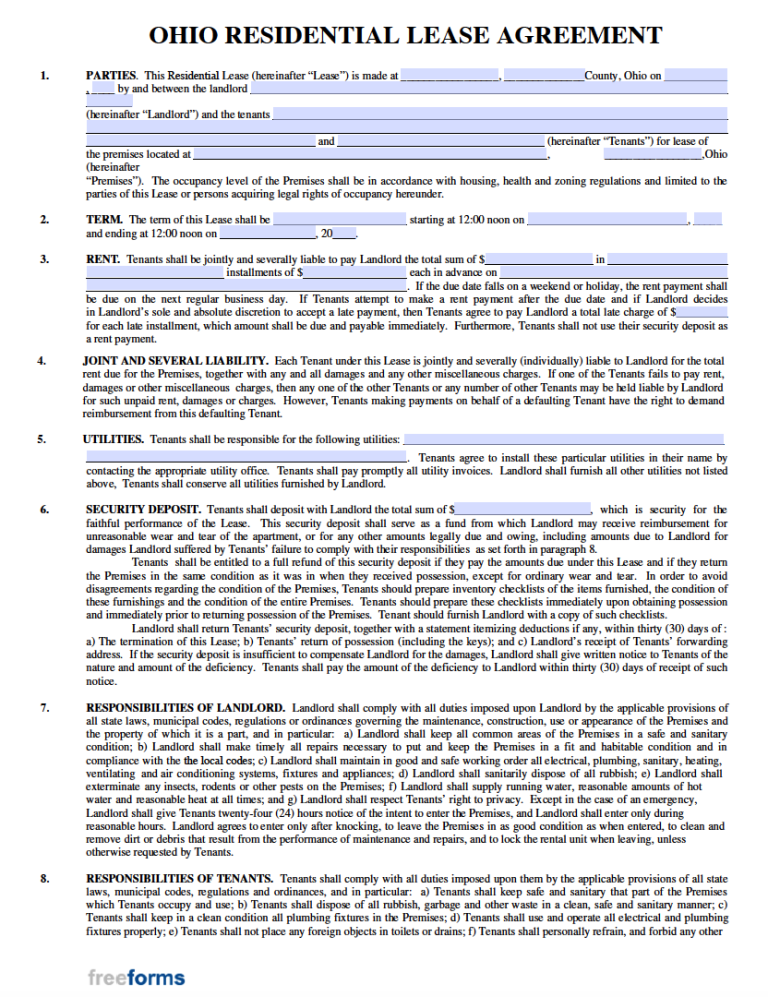 Free Printable Basic Rental Agreement For Ohio