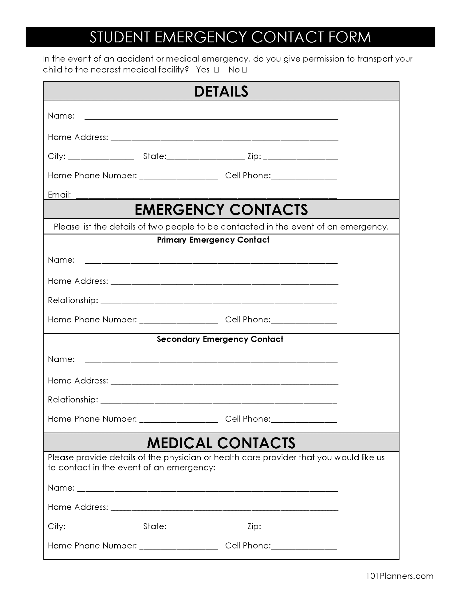 Emergency Contact Form Printable If Leaving The Country
