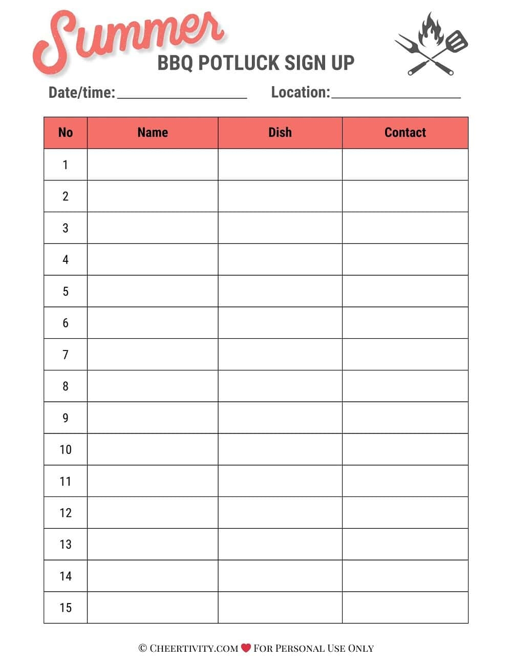 Free Printable BBQ Potluck Sign Up Sheets Cheertivity