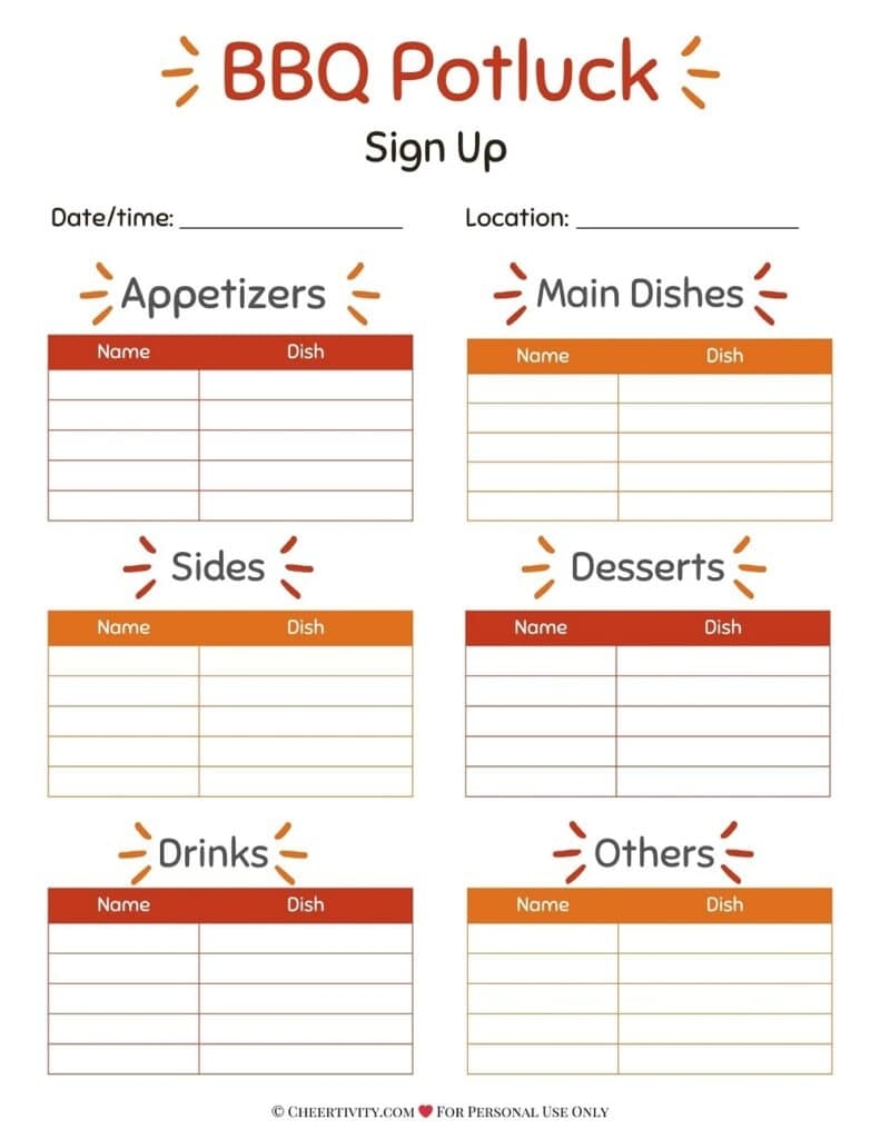 Free Printable BBQ Potluck Sign Up Sheets Cheertivity
