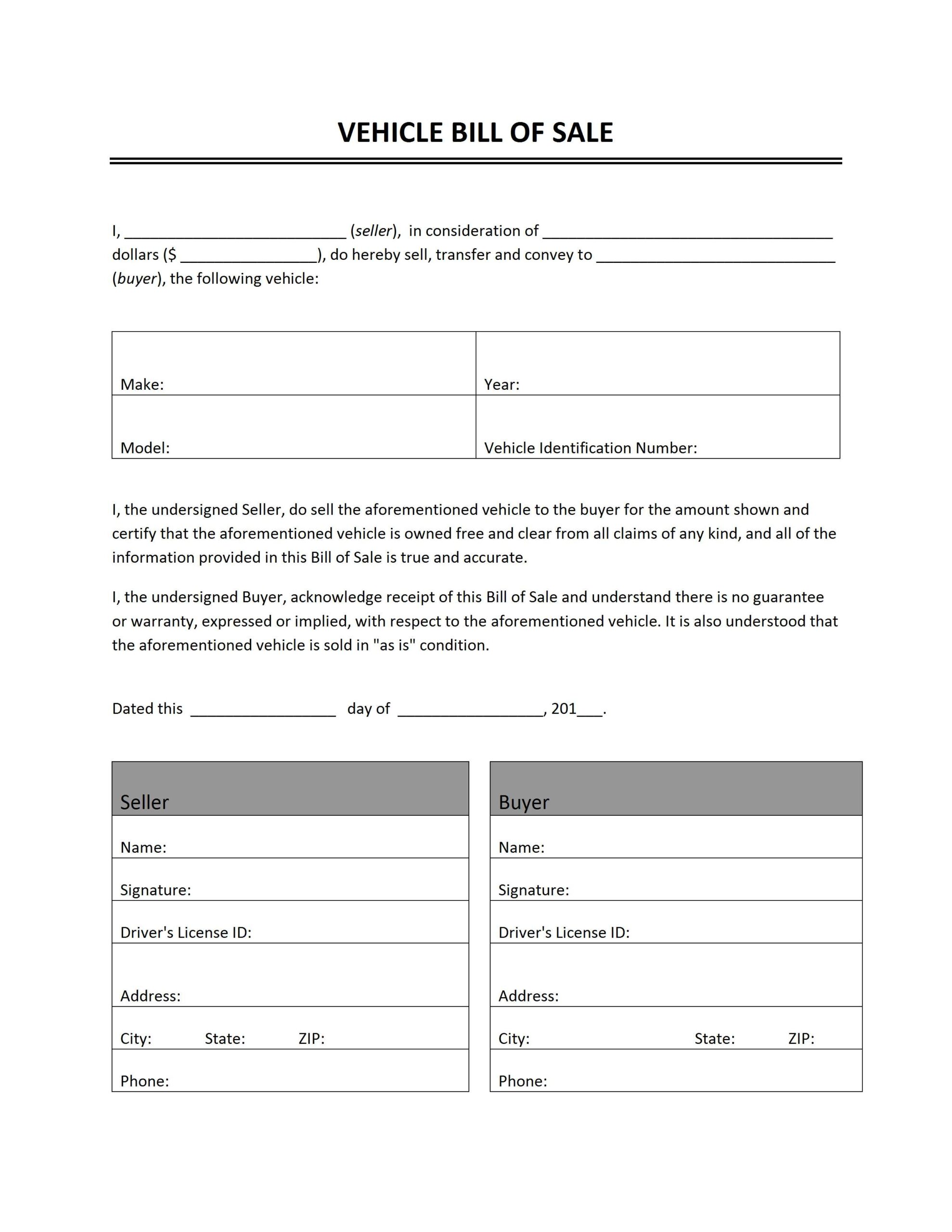 Printable Bill Of Sale For Vehicle