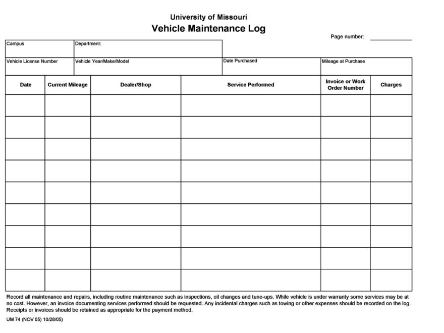 Free Printable Car Maintenance Log Printable Templates