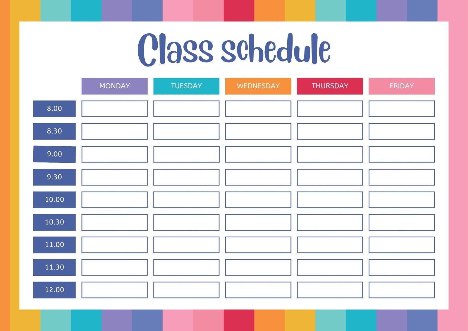 Class Schedule Template Printable
