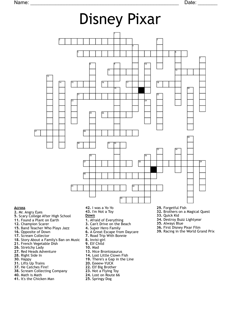 Free Printable Disney Crossword Puzzles With Answer Sheet