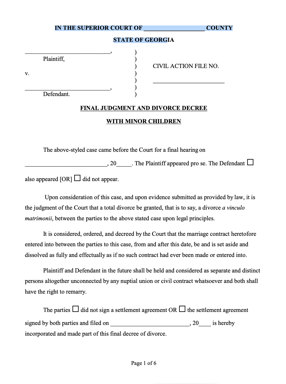 Free Printable Divorce Papers For Georgia