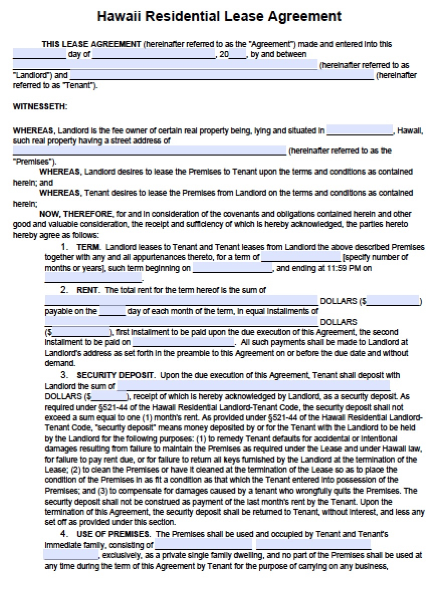 Free Printable Hawaii Rental Agreement Template Printable Templates